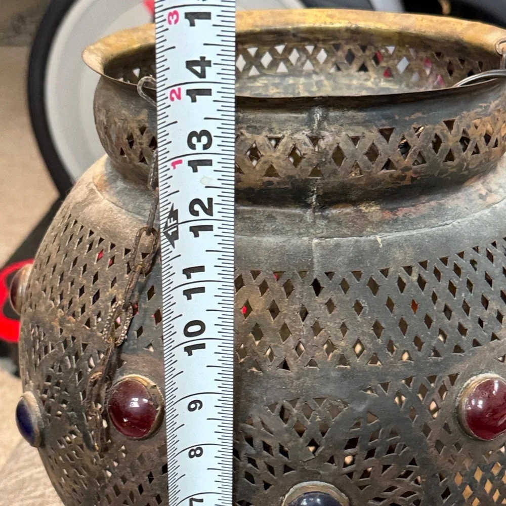 Vintage moroccan Metal Lantern with Red, Blue, and Orange Accents